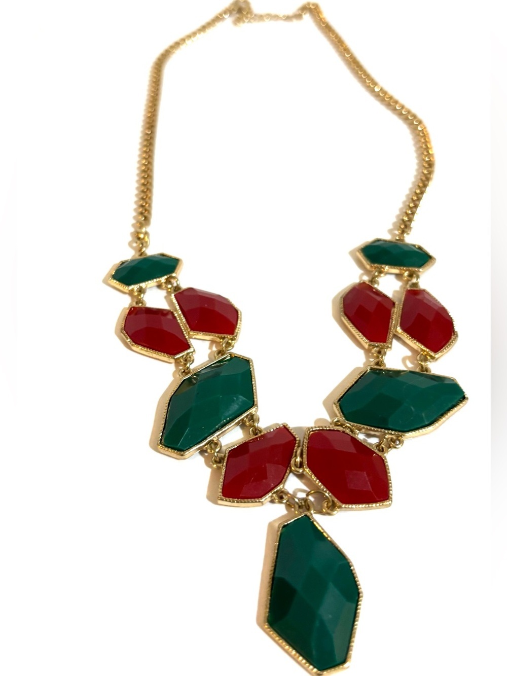 Gold-Tone Statement Necklace with Red and Green Gemstones